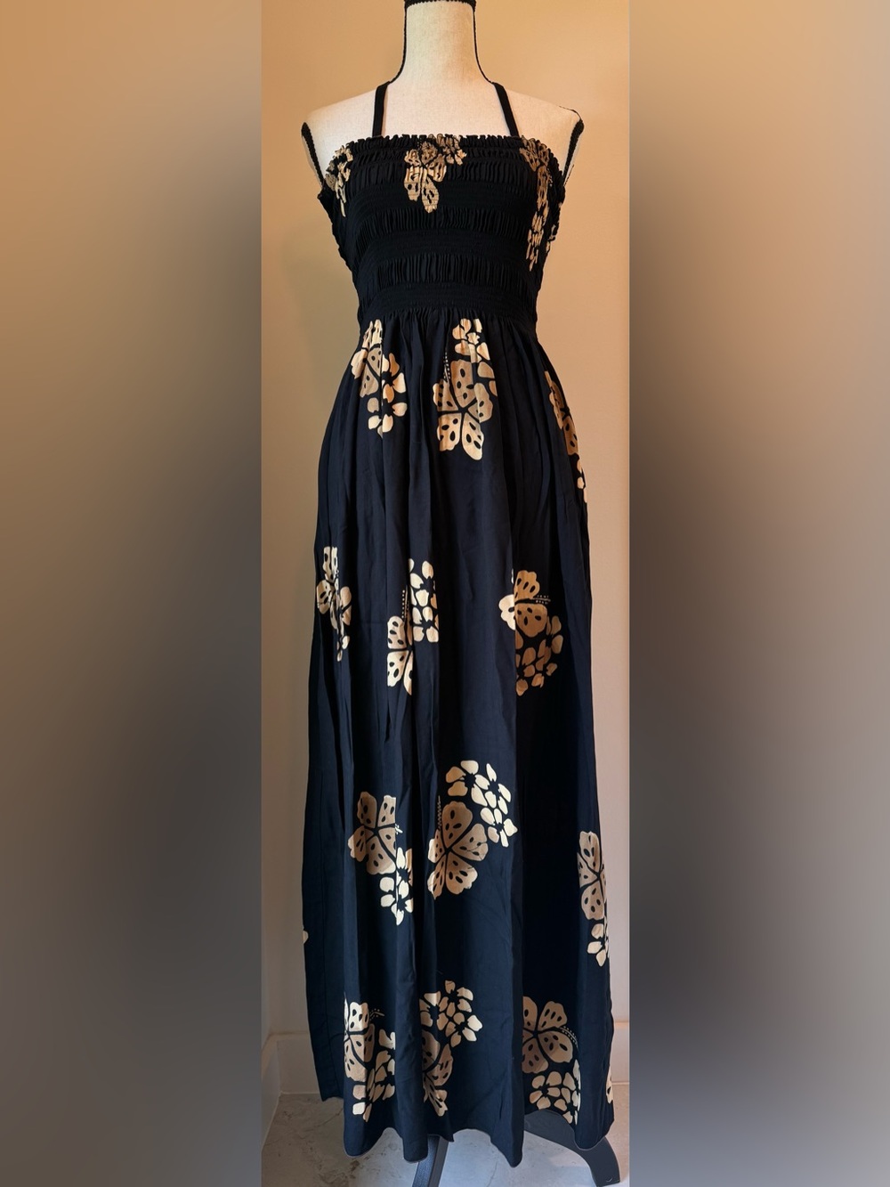 Boho Bali Rayon Maxi Dress Strapless or Halter Smocked Resort Beach One Size